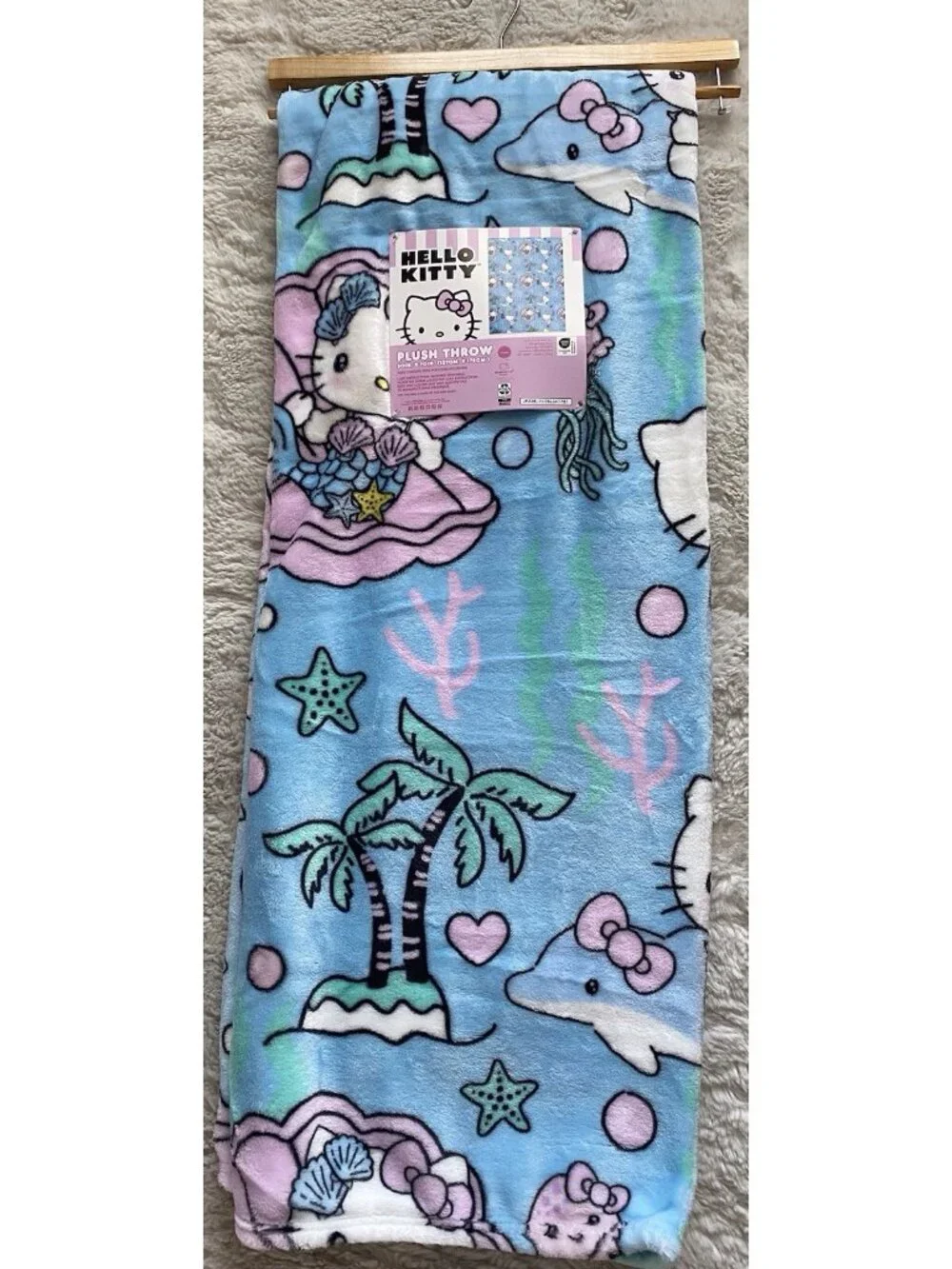 Hello Kitty Mermaid Dolphin Jellyfish Soft Throw Blanket Blue Pink 50” X 70” NEW